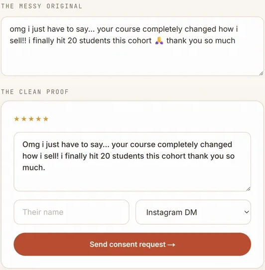 WarmProof turning a pasted Instagram DM into a clean, formatted testimonial
