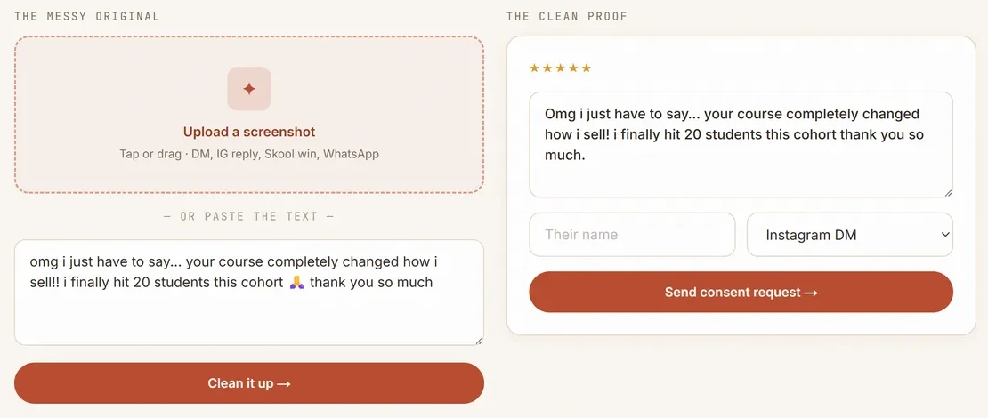 WarmProof turning a pasted Instagram DM into a clean, formatted testimonial