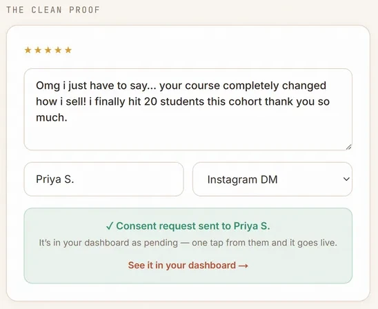 A consent request sent to the person who wrote the testimonial, pending their one-tap approval