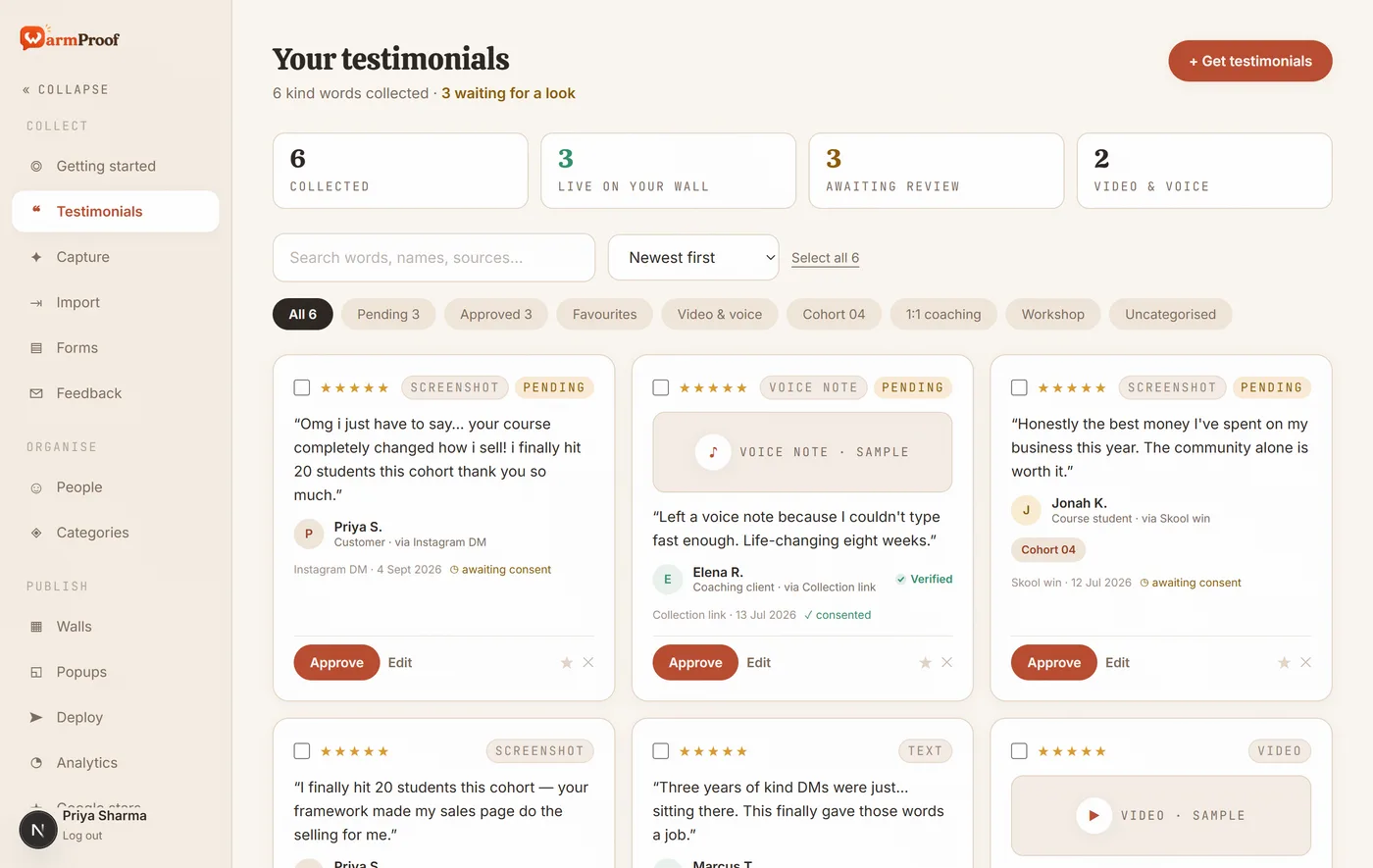 The WarmProof dashboard: collected testimonials, each showing where it came from and whether consent has been given